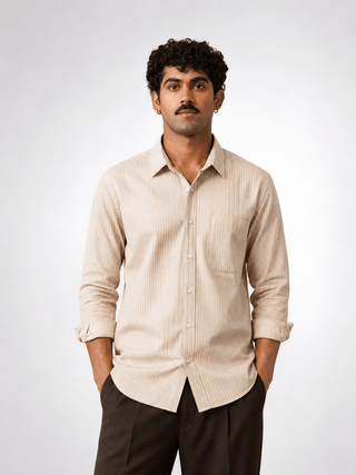 Beige Striped Cotton Shirt – Regular Fit