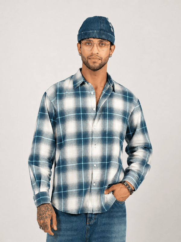 Blue Checkered Cotton Shirt – Full Sleeve, Loose Fit