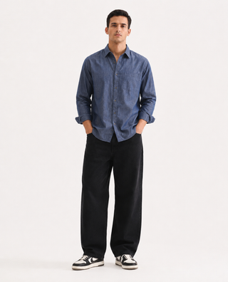 Steel Blue Textured Cotton Shirt – Regular Fit, Full Sleeves