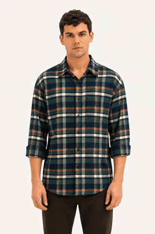 Green & Blue Checkered Cotton Lycra Shirt – Loose Fit, Full Sleeves