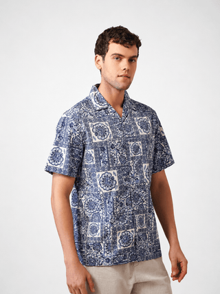 Blue Printed Organic Cotton Shirt – Regular Fit, Half Sleeves