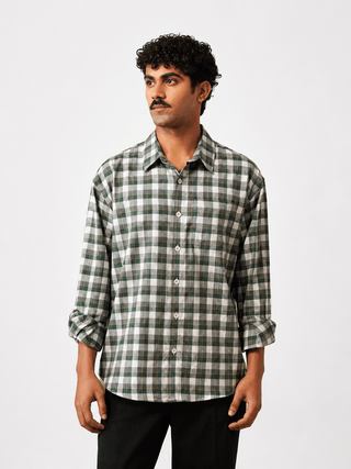 Green Checkered Cotton Stretch Shirt – Loose Fit, Full Sleeves