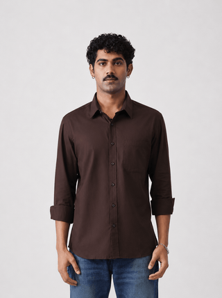 Brown Solid Brushed Cotton Shirt – Regular Fit, Full Sleeves