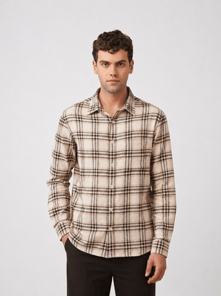 Beige Checked Cotton Shirt – Loose Fit, Full Sleeves
