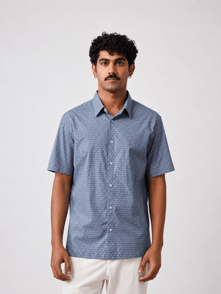 Blue Printed Cotton Stretch Shirt – Regular Fit, Half Sleeves