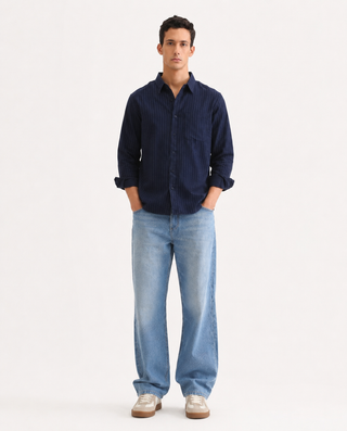 Navy Blue Pinstripe Cotton Viscose Shirt – Regular Fit, Full Sleeves