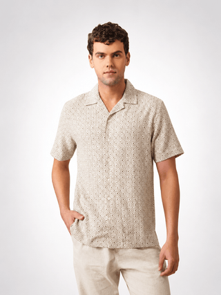 Brown Printed Cotton Cuban Collar Shirt – Regular Fit, Half Sleeves
