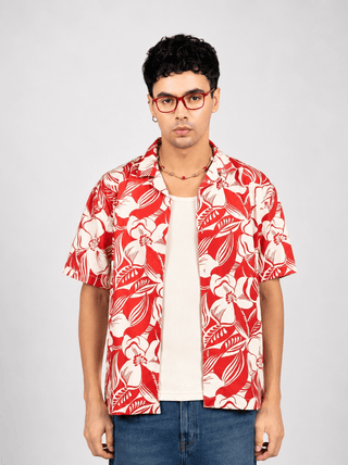 Printed Red Cuban Collar Shirt- Loose Fit
