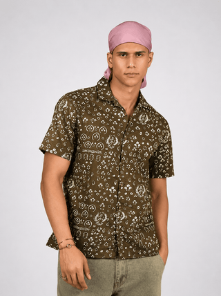 Coffee Brown Floral Cuban Collar Shirt – Regular Fit