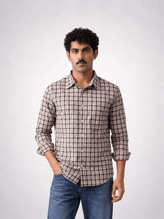 Beige & Grey Checked Cotton Stretch Shirt – Regular Fit, Full Sleeves