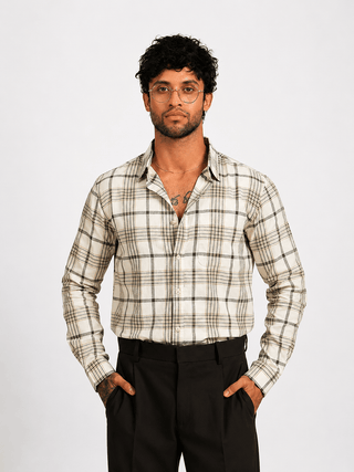 Off-White & Brown Checked Cotton Shirt – Regular Fit, Full Sleeves