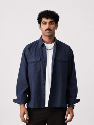Dark Blue Textured Double Pocket Cotton Shacket