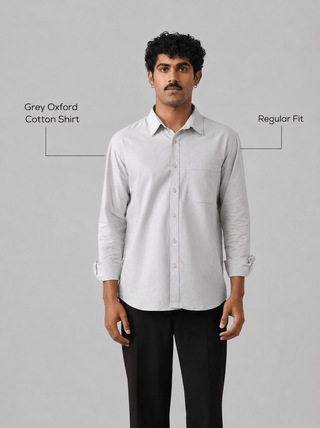Grey Oxford Cotton Shirt – Regular Fit, Full Sleeves