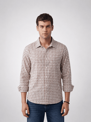 Beige & Maroon Checkered Cotton Shirt – Regular Fit, Full Sleeves