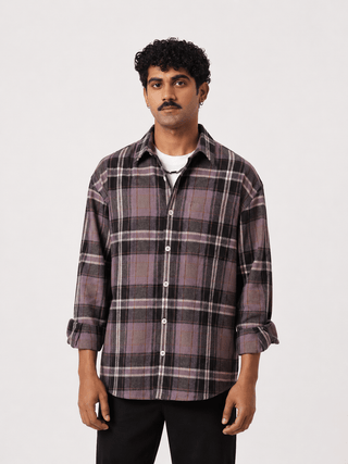 Purple Checkered Brushed Cotton Shacket – Loose Fit, Full Sleeves