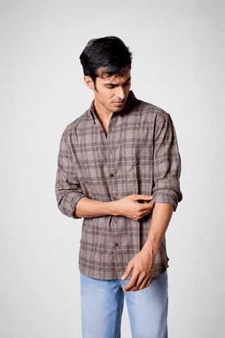 Regular Fit Grey Brown Checkered Shirt
