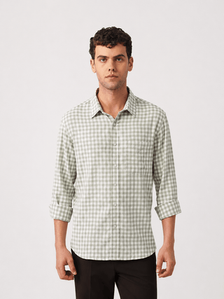 Green Gingham Brushed Cotton Shirt – Regular Fit, Full Sleeves