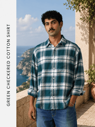 Green Checkered Cotton Shirt – Loose Fit, Full Sleeves