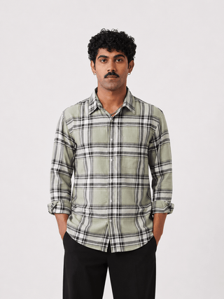 Green Checked Brushed Cotton Shirt – Regular Fit, Full Sleeves