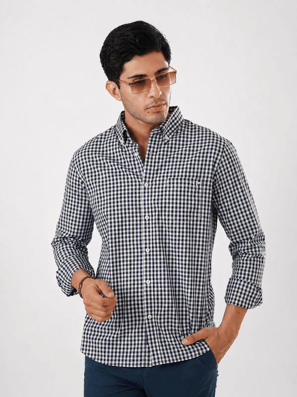 Blue Checkered Organic Cotton Shirt – Button-Down Collar | Regular Fit