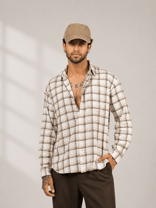 Brown Checkered Cotton Shirt – Full Sleeve, Loose Fit