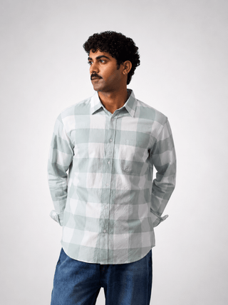 Light Blue Checkered Cotton Shirt – Regular Fit, Full Sleeves