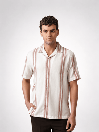 Off-White Striped Cotton Cuban Collar Shirt – Regular Fit, Half Sleeves