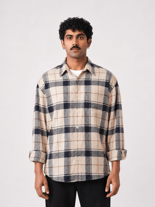 Beige & Blue Checkered Brushed Cotton Shirt – Loose Fit, Full Sleeves