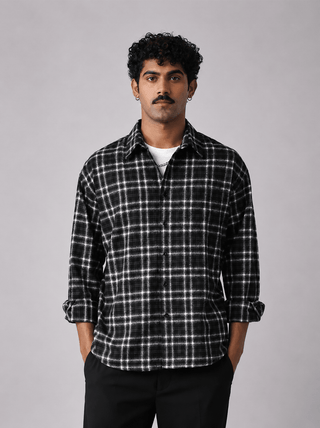 Black Checkered Brushed Cotton Shirt – Loose Fit, Full Sleeves