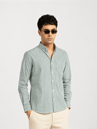 Green Striped Cotton Shirt – Regular Fit, Full Sleeves