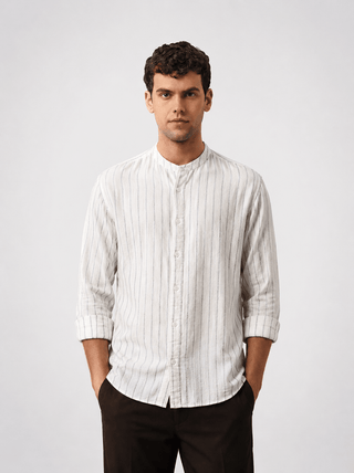 White Striped Cotton Mandarin Collar Shirt – Regular Fit, Full Sleeves