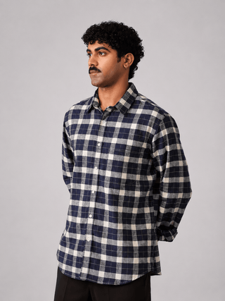 Navy Checkered Cotton Shirt – Regular Fit, Full Sleeves