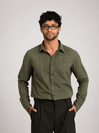 Olive Textured Checked Shirt – Regular Fit, Full Sleeves, Cotton