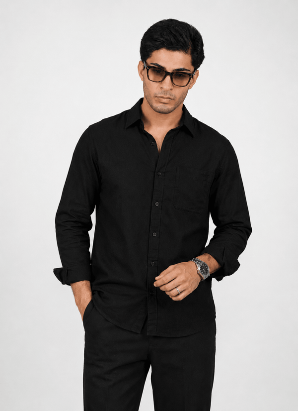 Black Linen Blend Shirt – Regular Fit
