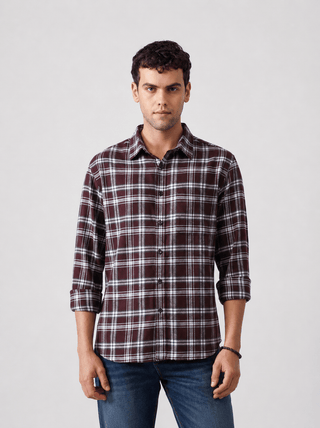 Maroon Checkered Brushed Cotton Shirt – Regular Fit, Full Sleeves
