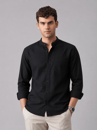 Dark Grey Oxford Cotton Mandarin Collar Shirt – Regular Fit, Full Sleeves