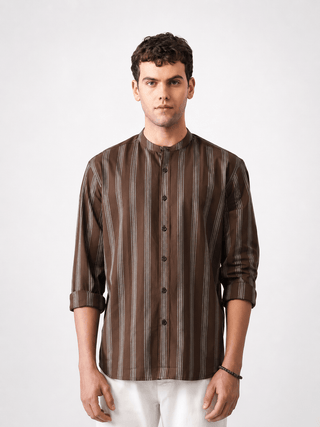 Brown Striped Cotton Shirt – Regular Fit, Full Sleeves