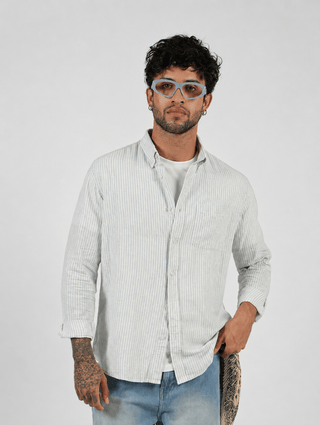 Blue Striped Cotton Shirt – Full Sleeve, Regular Fit, Classic Collar