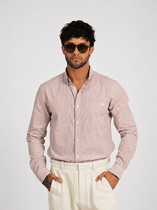 Red Striped Cotton Shirt – Regular Fit, Full Sleeves