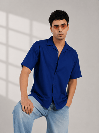 Blue Half Sleeve Cuban Collar Shirt – Loose Fit