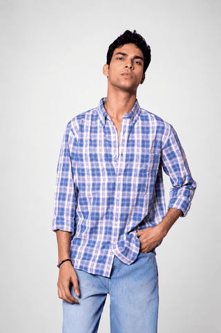 Regular Fit Blue Pink Checked Shirt
