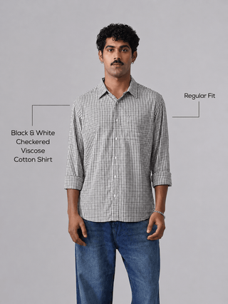 Black & White Checkered Viscose Cotton Shirt – Regular Fit, Full Sleeves