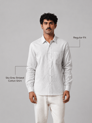 Sky Grey Striped Cotton Shirt – Regular Fit, Full Sleeves