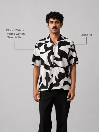Black & White Printed Cotton Stretch Shirt – Loose Fit, Half Sleeves