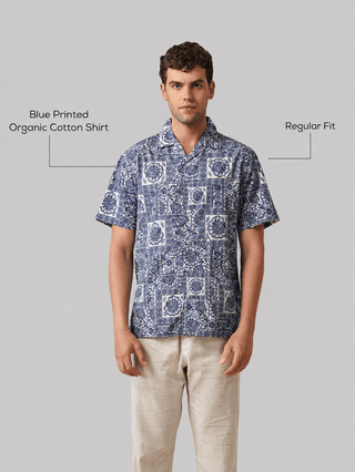 Blue Printed Organic Cotton Shirt – Regular Fit, Half Sleeves