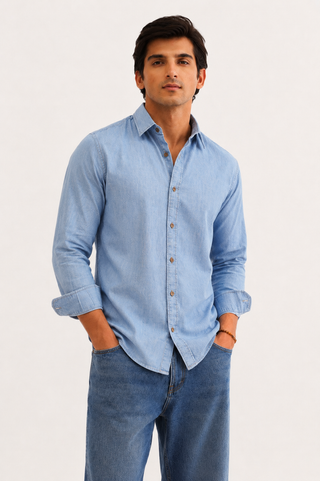 Light Blue Denim Shirt – Regular Fit, Full Sleeves