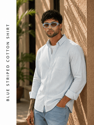 Blue Striped Cotton Shirt – Full Sleeve, Regular Fit, Classic Collar