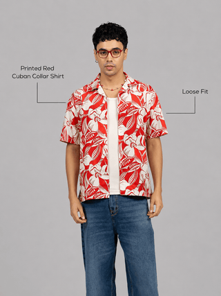 Printed Red Cuban Collar Shirt- Loose Fit
