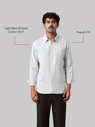 Light Blue Striped Cotton Shirt – Regular Fit, Full Sleeves