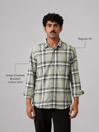 Green Checked Brushed Cotton Shirt – Regular Fit, Full Sleeves